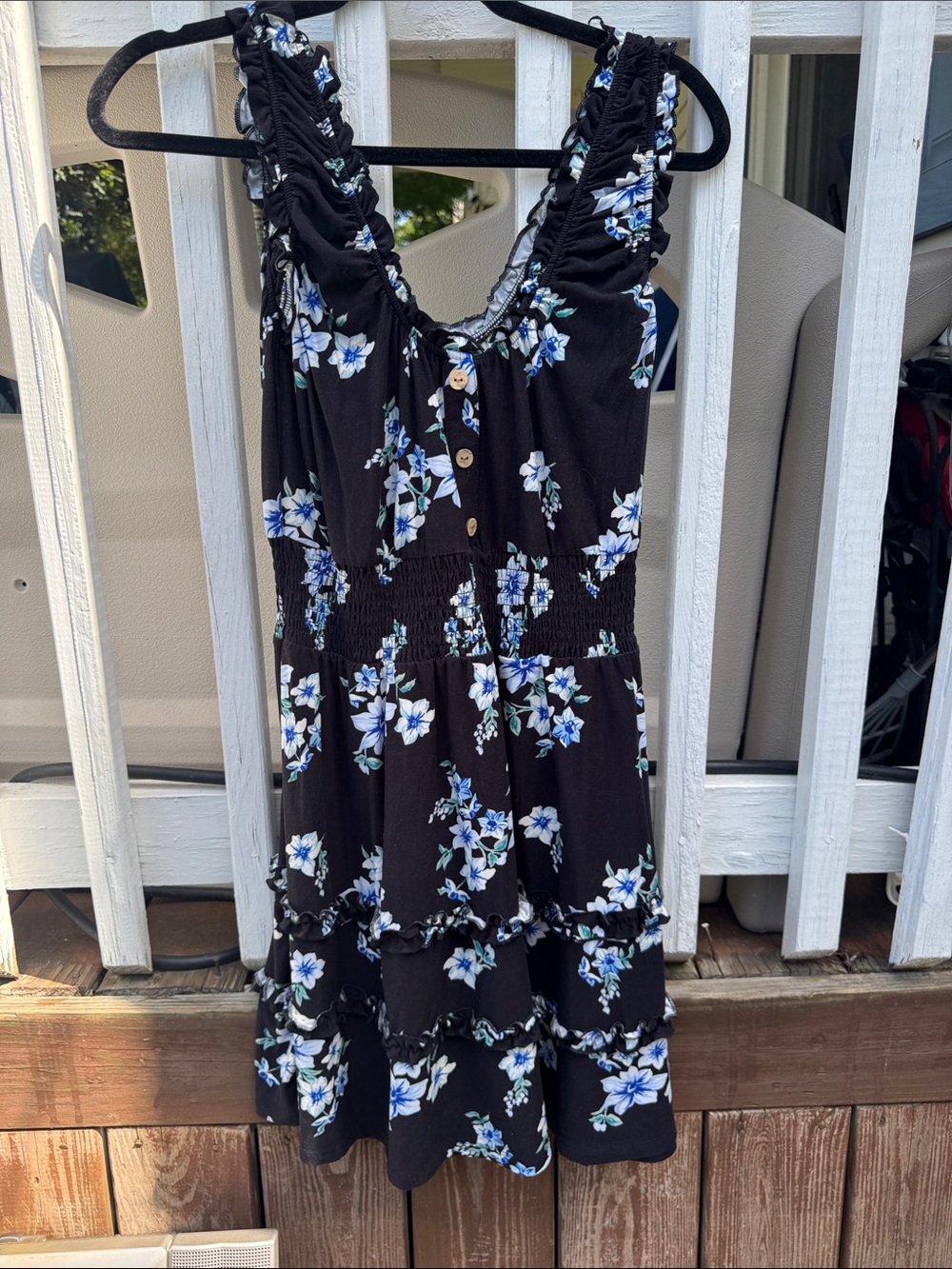 Women’s Black Floral Summer Dress with Blue & White Blooms